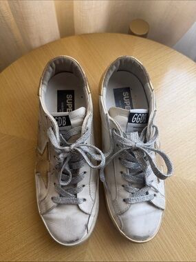 Golden Goose Women's White Leather Sneakers with Gold Star and Silver Laces